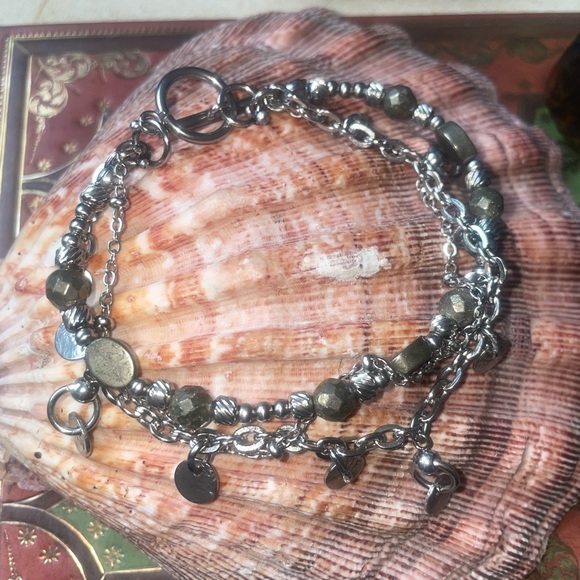 Veil Jewelry - Merchant - Pyrite Triple Layered Toggle W. Coin Dangles Stainless Steel Bracelet